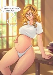 1girls big_belly big_pregnant_belly blonde_hair closed_eyes clothed_female clothing female female_focus female_only glasses hairband hand_on_belly hand_on_pregnant_belly hips league_of_legends long_hair luxanna_crownguard messy_hair pregnant pregnant_belly pregnant_female riot_games sitting_on_desk smiling solo solo_female solo_focus wide_hips