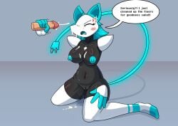 1boy 1girls 2025 alternate_version_available armless big_breasts black_body blue_eyeshadow blue_hair blue_nipples blush breasts bruhmynameisdylan cat_ears closed_eyes cum cum_on_breasts cum_on_face deltarune dialogue english_text female female_focus handjob navel nipples open_mouth penis plug plug_tail pussy pussy_juice stockings tasque_manager_(deltarune) text thick_thighs undertale_(series)