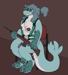anthro breasts bulletproof_vest clothing dinosaur dromaeosaurid female gun herm hi_res holding_gun holding_object holding_ranged_weapon holding_weapon intersex nipples nude prehistoric_species ranged_weapon reptile scalie smile solo sstinkies tactical_gear theropod trans_(lore) trans_woman_(lore) weapon