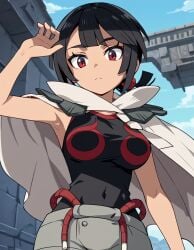 ai_generated big_breasts black_hair blush blushing_female breasts building buildings cape clouds daytime hair_ornament hi_res light-skinned_female light_skin nintendo oerba_yun_fang outdoors outside pokemon pokemon_(franchise) pokemon_oras red_eyes solo standing zinnia_(pokemon)