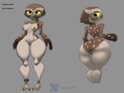 absurd_res anthro ass athene_(genus) avian avian_feet bandage bandaged_leg beak betta_the_burrowing_owl_(blu_waifu) big_breasts big_butt bird breasts burrowing_owl claws curvy_figure fan_character female genitals hi_res looking_back nipples non-mammal_nipples owl pussy short_stack size_difference smaller_female thelordjoshua1 thick_thighs toe_claws true_owl watermark wide_hips yellow_eyes