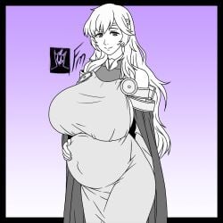 1girls big_breasts breasts breasts_bigger_than_head cape deirdre_(fire_emblem) dress female female_only fire_emblem fire_emblem:_genealogy_of_the_holy_war fully_clothed fungus-man huge_belly huge_breasts long_hair monochrome pregnant ready_to_pop request sketch