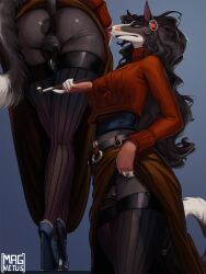2025 animal_genitalia animal_pussy anthro anus ass big_anus biped black_anus black_body black_clothing black_fur black_hair black_legwear black_pussy black_stockings borzoi bottomwear breasts brown_body brown_bottomwear brown_clothing brown_fur brown_skirt canid canine canine_genitalia canine_pussy canis claws clothed clothing clothing_lift digital_media_(artwork) domestic_dog ear_piercing female female_anthro finger_claws footwear fur genital_piercing genitals hair hi_res high_heels hunting_dog legwear long_hair low-angle_view magnetus mammal navel navel_piercing piercing plump_labia pussy pussy_piercing red_clothing red_sweater red_topwear ring shoes sighthound skirt skirt_lift smoking_pipe solo stockings sweater topwear white_body white_fur