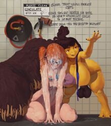 after_oral animal_genitalia animal_penis anthro balls bent_over big_breasts bodily_fluids breasts cum cum_covered cum_everywhere cum_from_mouth cum_in_hair cum_in_mouth cum_inside cum_on_body cum_on_breasts cum_on_face cum_on_head detailed_background dialogue duo english_text equine_genitalia equine_penis excessive_cum excessive_genital_fluids eyewear female futanari generation_3_pokemon genital_fluids genitals goggles goggles_on_face gym_leader gynomorph gynomorph/female hair hi_res human intersex intersex/female kasumi_(pokemon) kneeling mammal mawile messy nintendo nipples open_mouth penis pokemon pokemon_(species) santafire shocked swimming_goggles text yellow_body yellow_skin