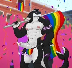 abs anchor_(feesh) anthro athletic bitnarukami black_body bodily_fluids bulge cetacean clothed clothing confetti countershade_face countershade_hands countershade_legs countershade_tail countershade_thighs countershade_torso countershading dolphin dripping erection exhibitionism eyewear eyewear_on_head fin flag_on_shoulder flesh_tunnel foreskin furgonomics gauged_fin genital_fluids genitals glans glowing glowing_tattoo head_fin hi_res humanoid_genitalia humanoid_penis jockstrap jockstrap_only leaking_precum lgbt_pride male mammal marine multicolored_clothing multicolored_underwear muscular muscular_male nipples oceanic_dolphin orca pecs penis pink_glans pink_nipples precum precum_drip pride_colors pride_parade public public_nudity purple_eyes rainbow_clothing rainbow_flag rainbow_jockstrap rainbow_pride_flag rainbow_symbol rainbow_underwear scar silhouette_background solo standing sunglasses sunglasses_on_head tail tail_fin tattoo toothed_whale topless underwear underwear_only white_body white_countershading white_penis