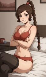 ai_generated ass avatar_legends avatar_the_last_airbender bigmic145 bra braid braided_hair braided_ponytail breasts clothed clothed_female clothing midriff navel nickelodeon panties solo solo_female tease teasing thigh_highs thighhighs ty_lee
