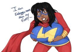 breasts_squeezed_together brown_eyes brown_hair brown_skin brown_skinned_female clothed clothed_female english english_dialogue english_text enlarged_breasts female guillynsfw kamala_khan large_breasts looking_at_viewer marvel marvel_comics ms._marvel ms._marvel_(kamala_khan) muslim muslim_female nerd pakistani pakistani_female panties slut_collar superhero superheroine white_background