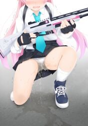 absurdres black_gloves blue_archive blush commentary_request dress female fingerless_gloves gloves gokiburi_no_dashi gun highres holding holding_gun holding_weapon hoshino_(blue_archive) long_hair long_sleeves nose_blush on_one_knee open_mouth panties partially_fingerless_gloves peeing peeing_self pink_hair pussy_juice rifle shirt skirt socks solo squatting trembling underwear urine very_long_hair wavy_mouth weapon white_panties white_shirt