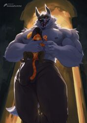 anthro arm_grab arm_tuft barazoku biceps bodily_fluids boots bottomwear bulge canid canine canis carrying_another cheek_tuft clothed clothing death_(puss_in_boots) detailed_bulge domestic_cat doorway dreamworks duo elbow_tuft erection erection_under_clothing facial_markings facial_tuft fangs felid feline felis footwear fur fuzzy genital_outline green_eyes grey_body grey_fur hand_held handheld head_markings head_tuft hi_res holding_another kawaakumma larger_male licking licking_lips licking_own_lips looking_at_another looking_at_viewer looking_down lustful_gaze male male/male mammal markings mask_(marking) muscular muscular_anthro muscular_male nervous nervous_smile nervous_sweat nipples open_mouth open_smile orange_body orange_fur pants pawpads pecs penis_outline puss puss_in_boots_(dreamworks) puss_in_boots_(franchise) red_eyes shoes shoulder_tuft size_difference smaller_male smile spread_legs spreading standing sweat tabby_cat tail teeth tongue tongue_out topless tuft watermark wolf