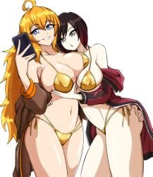 2girls 64571 6457i blonde_hair gold_bikini half-sisters half_siblings half_sisters red_hair ruby_rose rwby sisters yang_xiao_long