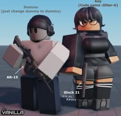 1boy 1girls 3d baseplate breasts clothed dummu_(vanilla1145) gun koy_(vanilla1145) original_character original_characters roblox robloxian tagme thighs vanilla1145 watermark