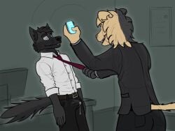 2024 anthro belt bodily_fluids bulge canid canine canis cellphone clothing clothing_pull collared_shirt cum cum_in_clothing cum_through_clothing dominant dominant_male dress_shirt duo electronics erection erection_under_clothing felid formal_wear genital_fluids guide_lines happy_trance hi_res hypnosis khakis leaking_cum lion luporiental male male/male mammal mind_control necktie necktie_pull office pantherine phone red_necktie shirt smile smug spiral_eyes submissive submissive_male suit topwear wet wet_clothing wolf