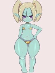 1female 1girls bedroom_eyes belly_button bikini blonde_female blonde_hair blonde_hair_female blush bottom_heavy cameltoe collar demon demon_girl dragon_ball dragon_ball_(series) dragon_ball_daima female female_focus female_only flat_chest flat_chested golden_bikini heart heart_eyes looking_at_viewer navel panzy_(dragon_ball_daima) pointed_ears pointy_ears purple_eyes short_stack shortstack smile smiling smiling_at_viewer sweat sweaty sweaty_body tenshio thick thick_thighs thighs turquoise_body turquoise_skin twintails young