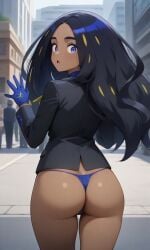 1girls :o ai_generated ass black_hair black_jacket blue_gloves blue_panties caught cowboy_shot dark-skinned_female dark_skin from_behind geeta_(pokemon) looking_back multicolored_hair neck_ribbon no_pants panties pantsless pokemon pokemon_sv public ribbon shocked standing string_panties underwear upper_body wide_eyed