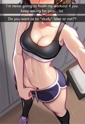1girls ai_generated atlus brown_hair clothed crimsoncurse face_out_of_frame female female female_only head_out_of_frame indoors legs linea_alba lips locker_room makoto_niijima navel partially_nude persona persona_5 persona_5_royal pussy pussy_juice revealing_pussy selfie shorts shorts_down shorts_pull showing_off snapchat sports_bra sweat text text_box