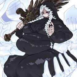 1girls big_belly big_breasts blue_eyes debyjull doll doll_joints elden_ring elden_ring_nightreign female holding_weapon huge_belly obese obese_female overweight overweight_female revenant_(nightreign) sword thick_thighs white_hair wide_hips
