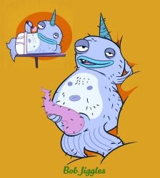 absurd_res almost_naked_animals anthro aroused blue_body blue_skin bob-jiggles body_hair cetacean chest_hair dolphin erection fin genitals hair hair_on_penis hairy half-closed_eyes hi_res holding_penis horn indentation lips looking_at_viewer looking_up lying male mammal marine monodontid narrowed_eyes narwhal narwhal_(almost_naked_animals) navel nipples on_back open_mouth orange_background penis reference_image rounded_teeth simple_background smile smiling_at_viewer solo stubble thick_lips tongue toothed_whale whale