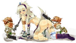 all_fours artist_request blonde_hair blue_eyes bottomless breasts bukkake capcom censored color cum detached_sleeves feet female femsub kirin_(armor) long_hair medium_breasts monster_hunter open_mouth partially_clothed shakalaka size_difference small_dom_big_sub solo_focus tongue underboob white_background