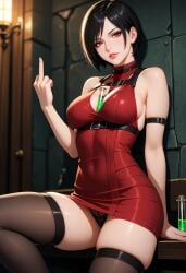 ada_wong ai_generated black_hair dress illustrious_(stable_diffusion) looking_at_viewer middle_finger object_between_breasts pantyshot resident_evil self_upload sideboob skindentation stable_diffusion thighhighs