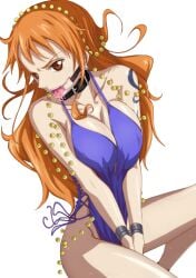 blue_dress bondage bondage bound bound_arms breasts captured captured_heroine collar dress femsub gag hair kyabakurabakufu light-skinned_female light_skin long_hair nami_(one_piece) one_piece open_mouth orange_hair ring ring_gag sexy solo solo_female solo_focus thick_thighs thighs tongue