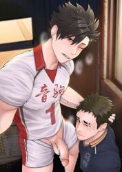 2boys abs black_eyes black_hair blush cum gay gay_sex haikyuu!! kuroo_tetsurou male male/male muscles muscular muscular_male nipples onglai87 pecs pectorals pink_nipples sawamura_daichi sweat teenager yaoi young younger_male