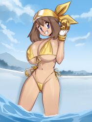 1girls ass_visible_through_thighs background bandana belly_button big_breasts bikini bikini_bottom bikini_top blue_eyes breasts breasts_bigger_than_head brown_hair camel_toe cameltoe fang fangs female forest gloves gold_bikini golden_bikini golden_bikini_bottom golden_bikini_top golden_week holding_object holding_poke_ball huge_breasts in_water large_breasts may_(pokemon) mountain mountains mystical nipple_bulge nipples nipples_visible_through_clothing plantpenetrator pokeball pokemon pussy pussy_visible_through_bikini pussy_visible_through_clothes sketch sketchy smiling thighs tree water