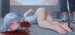 ai_generated arms_behind_back beheaded blood bound_wrists cherry_blossoms corpse decapitation empty_eyes execution feet genshin_impact kamisato_ayaka katana neck_stump panties peeing peeing_self planted_sword pool_of_blood severed_head sky sword toes