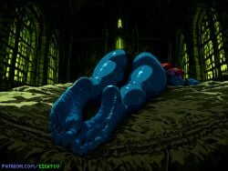 ai_generated ass ass_focus barefoot blue_skin dark_theme feet foot_fetish foot_focus from_behind gigatsu lying lying_on_stomach pixel_art sole_female soles sweat toes undertale undertale_(series) undyne