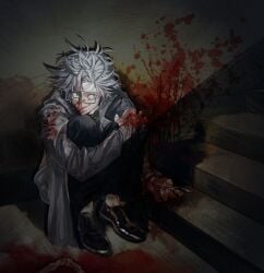 1boy absurdres aqua_eyes black_pants black_shoes blood blood_on_clothes blood_on_face blood_on_ground blood_on_hands blood_on_leg blood_on_wall blood_on_weapon c8h11o2n chinese_commentary closed_mouth coat commentary_request constricted_pupils full_body glasses green_shirt grey_coat grey_hair guro highres holding_scalpel indoors kanou_aogu long_sleeves male_focus open_clothes open_coat pants rectangular_eyewear saibou_shinkyoku semi-rimless_eyewear shirt shoes short_hair sitting smile solo stairs weapon