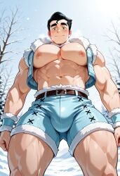 abs ai_generated arctic avatar_the_last_airbender bara bara_tiddies bara_tits biceps big_muscles big_pecs big_thighs blue_sky bolin bulge chest_exposed cosplay daylight defined_muscles happy himbo looking_at_viewer male male_focus male_only muscles muscular muscular_legs muscular_male muscular_thighs nickelodeon nipples nuktuk outside pecs penis_bulge revealing_clothes short_shorts shorts slutty_clothes smiling snow the_legend_of_korra thighs tribal_clothing vest water_tribe winter yaoi