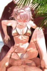 1boy afterimage alternate_costume art_undertaker bikini bikini_bottom_aside blush breasts breasts_apart clenched_teeth closed_eyes clothing_aside commander_(girls'_frontline) commentary english_commentary female girls'_frontline girls'_frontline_2:_exilium gold_bikini grey_hair hair_ornament highres medium_breasts navel penis pov sex short_hair stomach straight swimsuit teeth uncensored vaginal_penetration vector_(girls'_frontline) vector_(girls'_frontline_2) x_hair_ornament