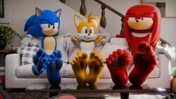 3d 5_toes absurd_res anthro barefoot blue_body blue_eyes canid canine clothing digital_media_(artwork) dirty dirty_feet echidna eulipotyphlan feet feetymcfoot fox gloves green_eyes group handwear hedgehog hi_res inside knuckles_the_echidna male male_foot_fetish mammal monotreme red_body sega soles sonic_(series) sonic_the_hedgehog sonic_the_hedgehog_(series) tails tails_the_fox toes trio wrinkled_feet wrinkles yellow_body