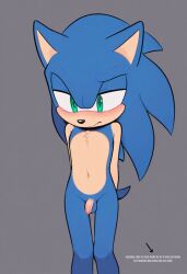 1boy ai_generated animal_ears anthro anthro_male blue_body blue_fur blush gray_background green_eyes hands_behind_back male male_only mobian_(species) pathetic_male penis shy small_penis solo sonic_(series) sonic_the_hedgehog sonic_the_hedgehog_(series) tiny_penis two_tone_fur