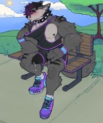 anthro athletic_wear barazoku bench biceps big_penis blush bodily_fluids bottomwear canid canine canis clothing cloud collar footwear genital_fluids genitals grass hi_res huge_cock leaking_precum male mammal muscular muscular_anthro muscular_male musk musk_clouds outside pecs penis penis_through_clothing plant precum shirt shoes shorts sinisterheaven sitting sky sneakers socks solo spiked_collar spikes sun sweat sweatdrop tail tank_top topwear tree wolf