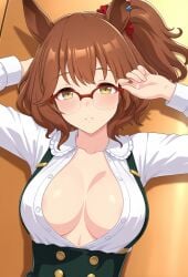 ai_generated animal_ears aston_machan_(umamusume) breasts brown_hair cleavage female glasses hair_ornament horse_girl light_green_eyes medium_hair scrunchie umamusume umamusume_pretty_derby