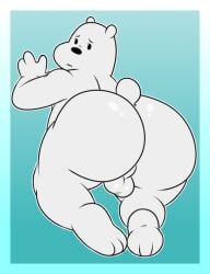 2022 3_toes 4_fingers anthro ass backsack balls bear big_butt black_nose blue_background cartoon_network english_description feet fingers genitals ice_bear_(we_bare_bears) looking_back male mammal mouth_closed nt6969 perineum polar_bear rear_view simple_background small_tail solo tail thick_thighs toes ursine we_bare_bears