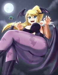 1girls 1other ass big_ass big_breasts blonde_hair blue_eyes breasts canadiananiguy cosplay darkstalkers female head_wings heavenly_ass large_ass large_breasts metroid metroid_(creature) morrigan_aensland_(cosplay) nintendo ponytail samus_aran wings
