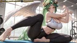 2025 ai ai_assisted ai_generated anime anime_style artist_name breasts dreamyan_ai green_eyes green_hair gym gym_uniform hi_res high_quality high_resolution highres huge_breasts kid_icarus leggings long_hair palutena patreon seductive seductive_eyes seductive_look seductive_pose seductive_smile smile smiling smiling_at_viewer sports_bra sportswear stretching thick_ass thick_thighs thighs tight_clothing tight_fit uncensored