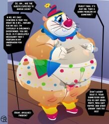 2025 absurd_res anthro balls bodily_fluids bodypaint bottomwear buckteeth clothing clown_makeup clown_nose dialogue duo embarrassed english_description exclamation_point face_paint floor footwear genitals gloves handwear hat headgear headwear hi_res male mouth_closed offscreen_character overweight overweight_anthro overweight_male pattern_bottomwear pattern_clothing profanity question_mark red_nose shirt shoes shorts speech_bubble spots spotted_bottomwear spotted_clothing stained_clothing standing sweat sweaty_arms sweaty_legs talking_to_another teeth topwear trashtoonz unknown_species whiskers white_bottomwear white_clothing white_gloves white_handwear white_shirt white_shorts white_topwear wood wood_floor