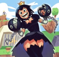 1girls black_dress black_hair black_panties bob-omb bob-omb_battlefield breasts chain_chomp chompette dark_hair dondororo dress female floating_island hips king_bob-omb mario_(series) new_super_mario_bros._u_deluxe nintendo short_hair super_crown super_mario_64 thighs upskirt