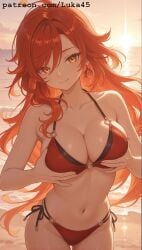 ai_generated beach bikini blush breast breast_grab female genshin_impact girl hoyoverse large_breasts large_hair long_hair luka45 mavuika_(genshin_impact) mihoyo navel patreon patreon_reward patreon_url patreon_username red_hair smile smiling smiling_at_viewer standing sunset touching_breast