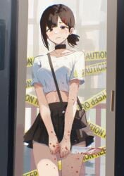 black_choker black_eyes black_hair blood blood_on_knife blood_on_leg breasts chainsaw_man choker collarbone crop_top danraz0r female higashiyama_kobeni highres knife looking_at_viewer midriff_peek navel pleated_skirt single_sidelock skirt small_breasts solo standing thigh_gap thighs