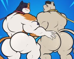 2025 5_fingers absurd_res anthro arm_tattoo ass backsack balls big_butt black_body black_fur black_hair blind_eye blue_background calico_cat cheek_tuft collar domestic_cat duo english_description epic_games eye_scar facial_scar facial_tuft fangs felid feline felis fingers fortnite fur genitals hair hand_on_butt hi_res leash leashed_collar looking_back looking_pleasured male male/male mammal mango_juicebara meowdas meowscles mouth_closed multicolored_body multicolored_fur muscular muscular_anthro muscular_arms muscular_male nude_anthro nude_male open_mouth orange_body orange_fur pink_collar pink_leash rear_view scar simple_background tail tattoo teeth tongue tongue_out tuft white_body white_fur yellow_collar yellow_leash