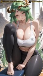 2025 ai ai_assisted ai_generated anime anime_style artist_name breasts dreamyan_ai green_eyes green_hair gym gym_uniform hi_res high_quality high_resolution highres huge_breasts kid_icarus leggings long_hair palutena patreon seductive seductive_eyes seductive_look seductive_pose seductive_smile smile smiling smiling_at_viewer sports_bra sportswear thick_ass thick_thighs thighs tight_clothing tight_fit uncensored
