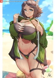 1girls alternate_breast_size alternate_costume ball beach beach_ball bikini blue_eyes breasts brown_hair cleavage commission day feathers fire_emblem fire_emblem_awakening fire_emblem_heroes green_bikini green_swimsuit hoodie huge_breasts large_breasts looking_at_viewer nintendo noire_(fire_emblem) noire_(summer)_(fire_emblem) ocean official_alternate_costume sand solo swimsuit undressing xhaart