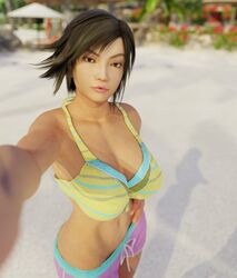 1girls 3d 3d_(artwork) big_breasts bra breasts brown_hair cleavage crazy978 dead_or_alive female female_only fully_clothed kazama_asuka kissy_face looking_at_viewer midriff navel selfie short_hair shorts solo swimming_trunks tekken tekken_7 video_games