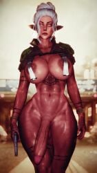 3d abs bethesda_softworks big_breasts big_penis brandy_(insxsni) breasts elf futanari insxsni muscular penis pointy_ears skyrim solo tattoo the_elder_scrolls white_hair