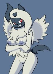 absol anthro black_nose breasts chest_tuft eyelashes female fur generation_3_pokemon genitals grin hi_res looking_at_viewer mega_absol mega_evolution narrowed_eyes nintendo nipples noiverus pokemon pokemon_(species) pussy red_eyes seductive smile solo third-party_edit tuft white_body white_fur wings