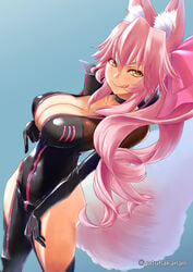 1girls animal_ear_fluff animal_ears bangs black_bodysuit black_choker blush bodysuit bow breasts center_opening choker clavicle cleavage clothing covered_navel drooling eyebrows_visible_through_hair eyes_visible_through_hair fangs fate/grand_order fate_(series) female fox_girl fox_tail hair_between_eyes hair_ornament hairbow high_resolution hip_vent kitsunemimi koyanskaya_(assassin) koyanskaya_(assassin_first_ascension) koyanskaya_(fate) large_breasts licking_lips long_hair looking_at_viewer pink_bow pink_hair ponytail saliva sidelocks smile sweat sweatdrop tail thighs tied_hair tongue tongue_out yatsuha_kanan yellow_eyes zipper zipper_pull_tab