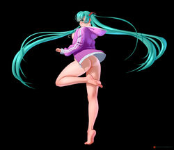 1girls absurdres aqua_eyes aqua_hair aqua_nails arteslav ass barefoot black_background blush bottomless breasts female hatsune_miku highres hood hoodie leg_up long_hair looking_at_viewer naked_hoodie open_clothes sideboob solo standing_on_one_leg tiptoes twintails very_long_hair vocaloid white_background